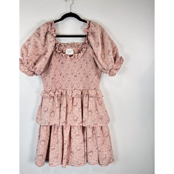 Hyacinth House Womens Dress Beige Mini Floral Smocked Ruffle Puffed A Line Large - Picture 5 of 12